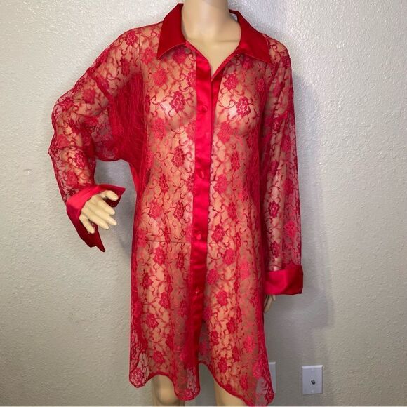 Vintage Victoria’s Secret Gold Label Lace  Front Button Up Sleep Shirt Red Large - Picture 2 of 12